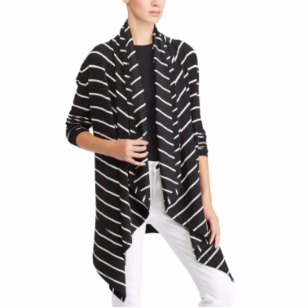 Lauren Ralph Lauren Black White Striped Long Sleeve Open Front Cardigan Size XS